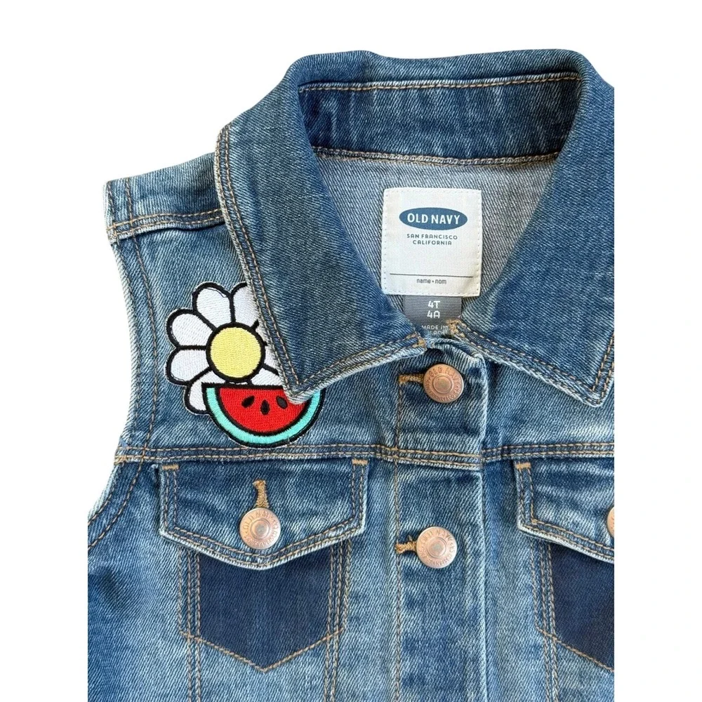 Old Navy Girls Denim Vest 4T‎ Daisy Watermelon Patch Jean Jacket Blue